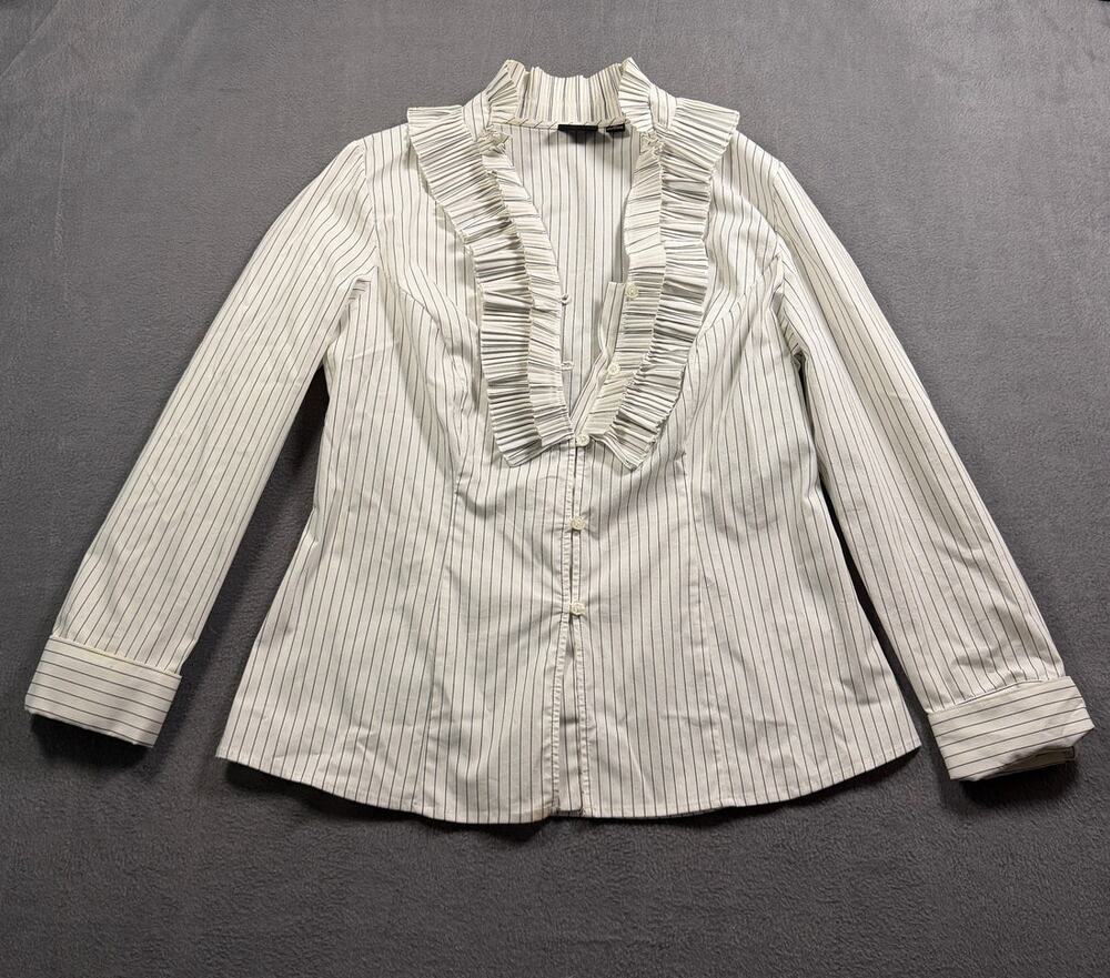 Tribal‎ White Black Pinstripe Ruffle Neck Button Up Blouse Top Women's Size 10